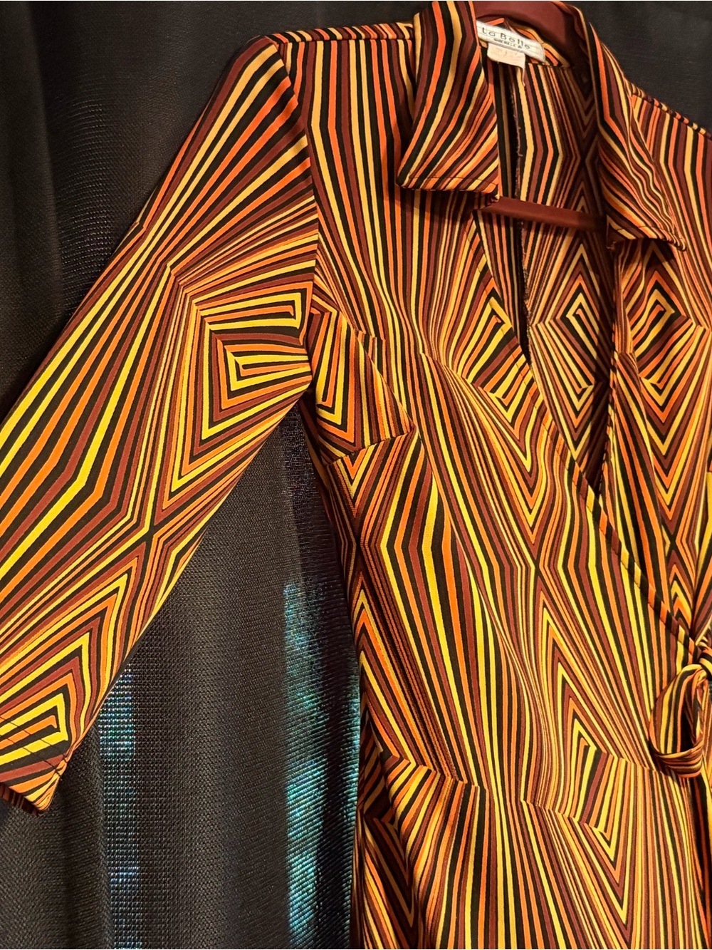 VTG La Belle ‘90s Does 70s’ Wrap Dress Retro Colors Striped Dart Collar Size S/M